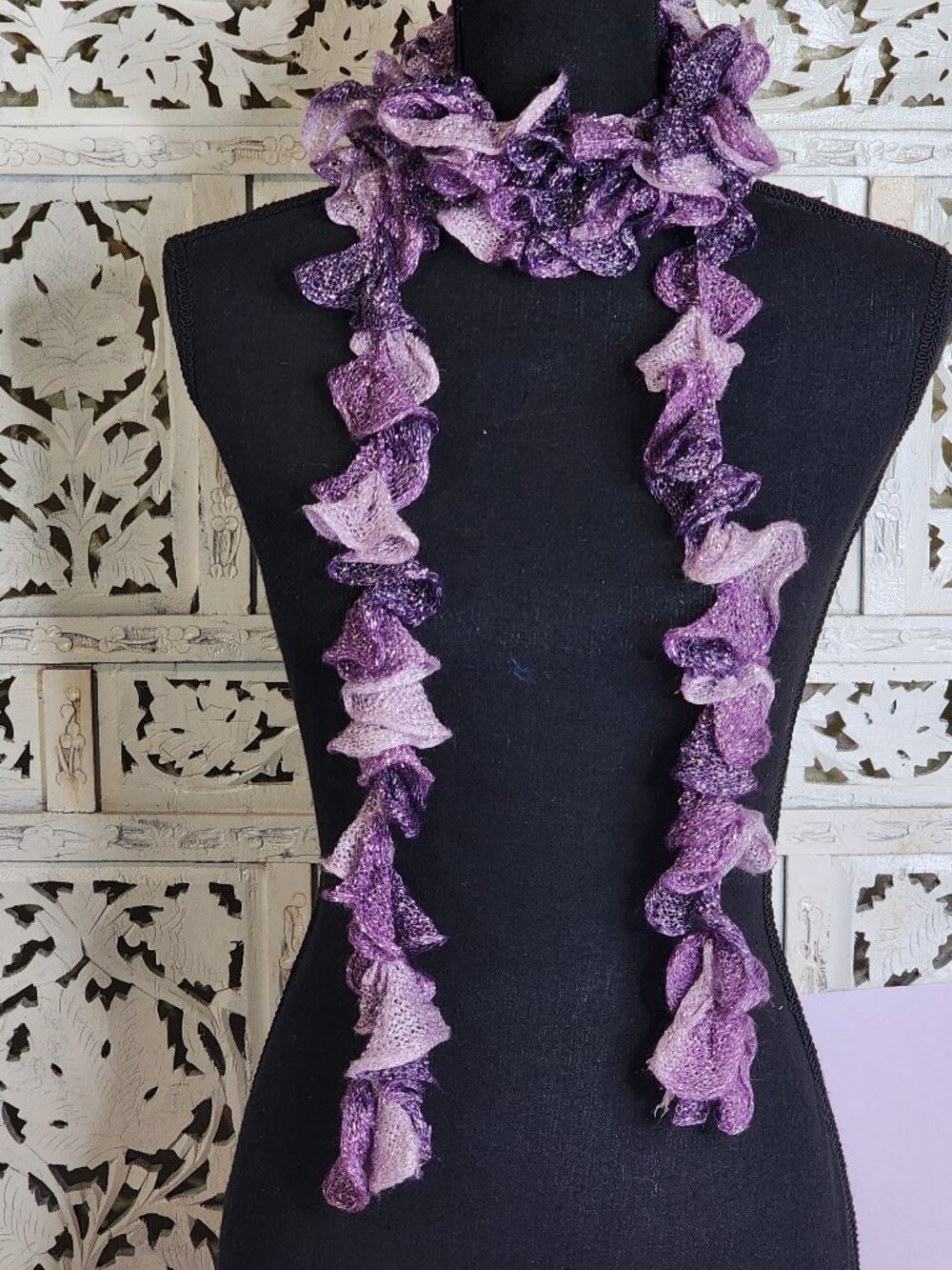 Handmade Crochet Purple and Lilac with Metallic Silver Threads Throughout Scarf